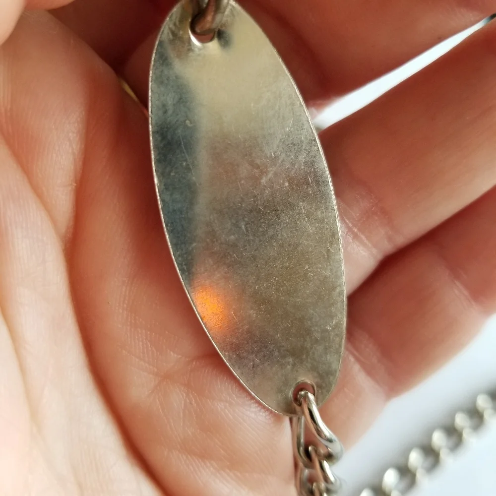 Long silver tone chain - belt or watch chain? Necklace? Engraveable plate